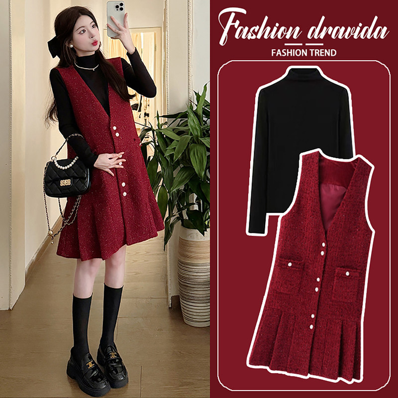 法国Uamtor孕妇套装秋冬新款小个子小香风红色背心裙打底衫两件套