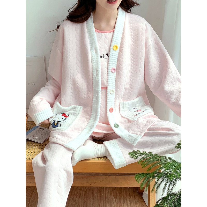 法国Uamtor空气棉月子服秋冬季三件套产妇哺乳大码孕妇睡衣带胸垫