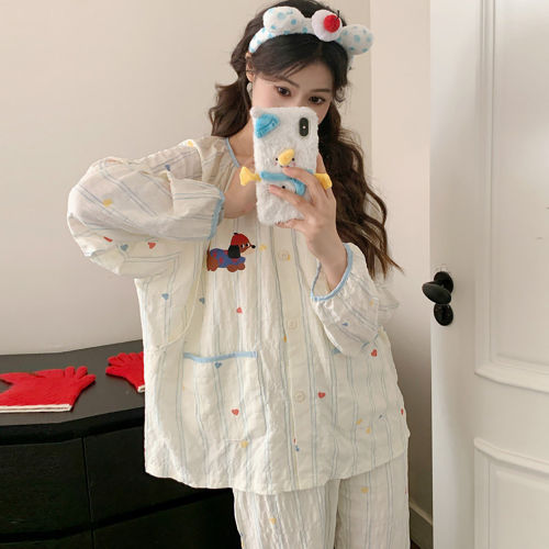 法国Uamtor棉纱布月子服带胸垫秋季薄款产后纯棉吸汗产妇哺乳睡衣
