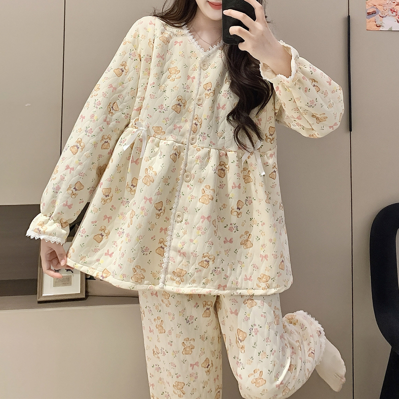 法国Uamtor月子服空气棉秋冬季产后哺乳喂奶孕妇纯棉小熊睡衣套装