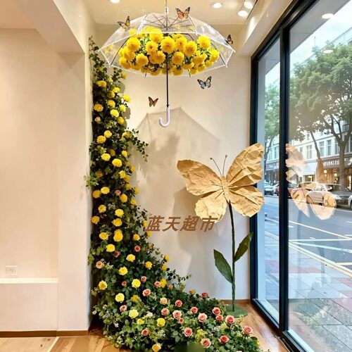 商场悬浮雨伞仿真花瀑布美陈装饰