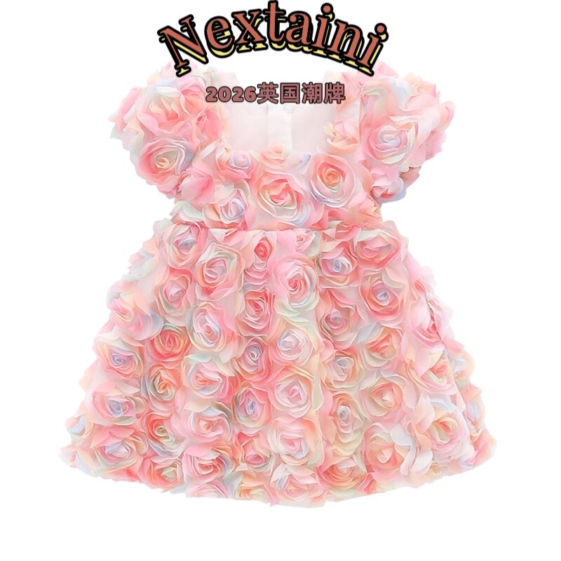 nextaini2026女童夏季新款连衣裙时髦洋气彩色立体花朵公主礼服裙