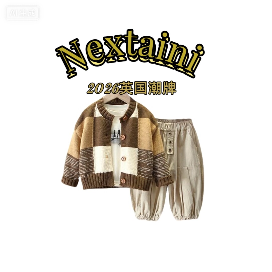 nextaini男童秋装套装2026新款酷帅儿童毛衣外套三件套潮牌春秋季