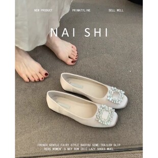 羊皮版！法式晚风水钻方扣玛丽珍鞋女一脚蹬浅口温柔方头平底单鞋