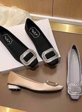 羊皮法式气质水钻黑色厚黑穿搭配RV内增高绸缎配裙子方扣软底单鞋