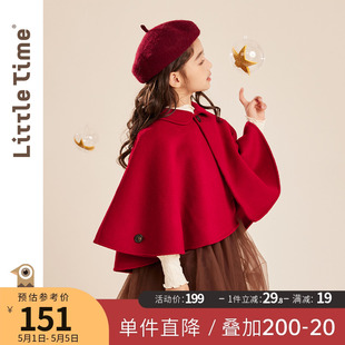 littletime女童呢子斗篷文艺喜庆红色挡风保暖翻领披挂