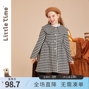 littletime女童千鸟格毛呢外套2023新款秋冬儿童加厚保暖呢子大衣