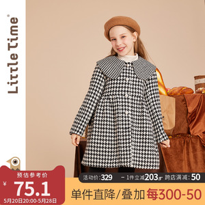 littletime女童千鸟格毛呢外套2023新款秋冬儿童加厚保暖呢子大衣