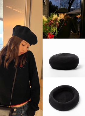 COOKADAILY_人鱼家同款大头围黑色羊毛贝雷帽子女秋冬百搭蓓蕾帽