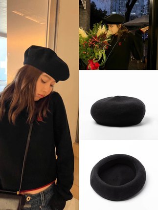 COOKADAILY_人鱼家同款大头围黑色羊毛贝雷帽子女秋冬百搭蓓蕾帽