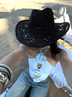 欧美辣妹风黑色镂空编织巴拿马度假爵士顶草帽防晒遮阳出游沙滩帽