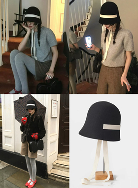Mona同款日系羊毛呢系带水桶帽女黑色百搭法式复古萝莉盆帽渔夫帽