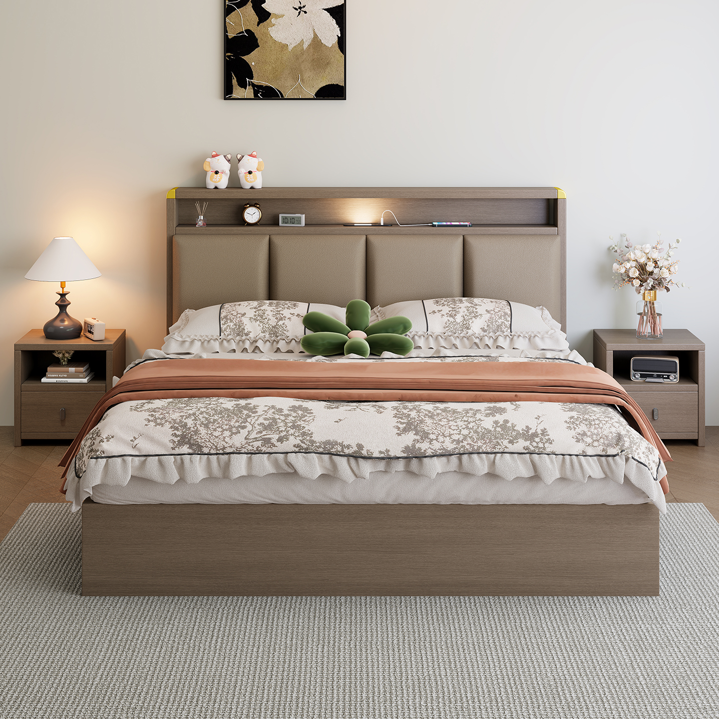 床实木床1米8双人床家用软包床1.5米储物床1.2出租房用单人床床架