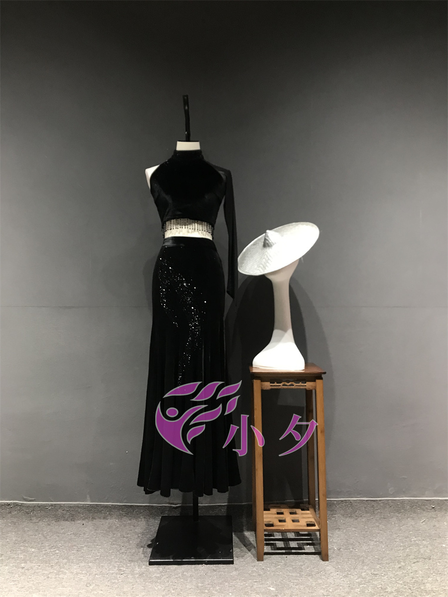 第十二届中国舞蹈荷花奖纯黑陶醉了民族傣族舞表演服长裙