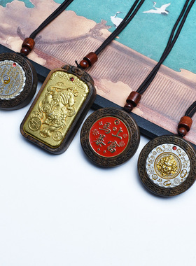 沉贵宝复古雕刻平安圆牌脖挂项链吊坠金属编织绳藏式男女款锁骨链