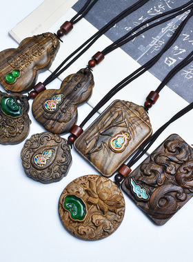 沉贵宝镶嵌莲花无事牌珐琅福禄吉祥回纹脖挂链文玩木雕项链毛衣链