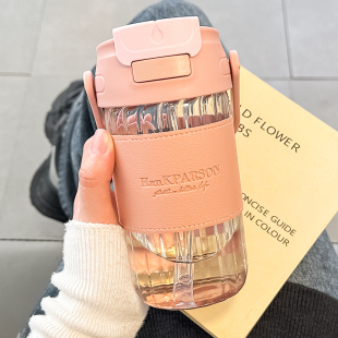 简约水杯带吸管玻璃杯女生新款2024夏季办公室耐高温便携学生杯子