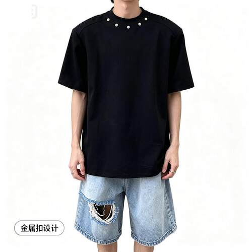 夏季小众金属纽扣设计感短袖简约高级T恤美式宽松半袖潮12