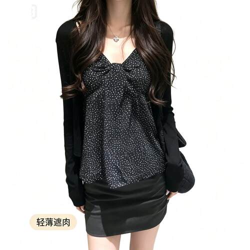 大码法式波点背心吊带上衣女夏胖薄款显瘦遮肉外搭开衫两件套装