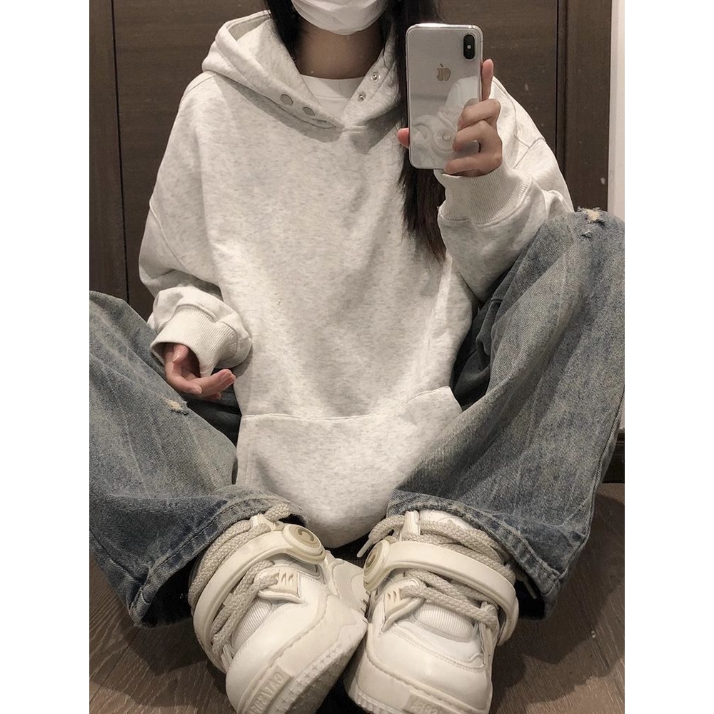 纯棉450G重磅银狐绒美式纽扣连帽卫衣女秋冬加绒宽松爆款外套