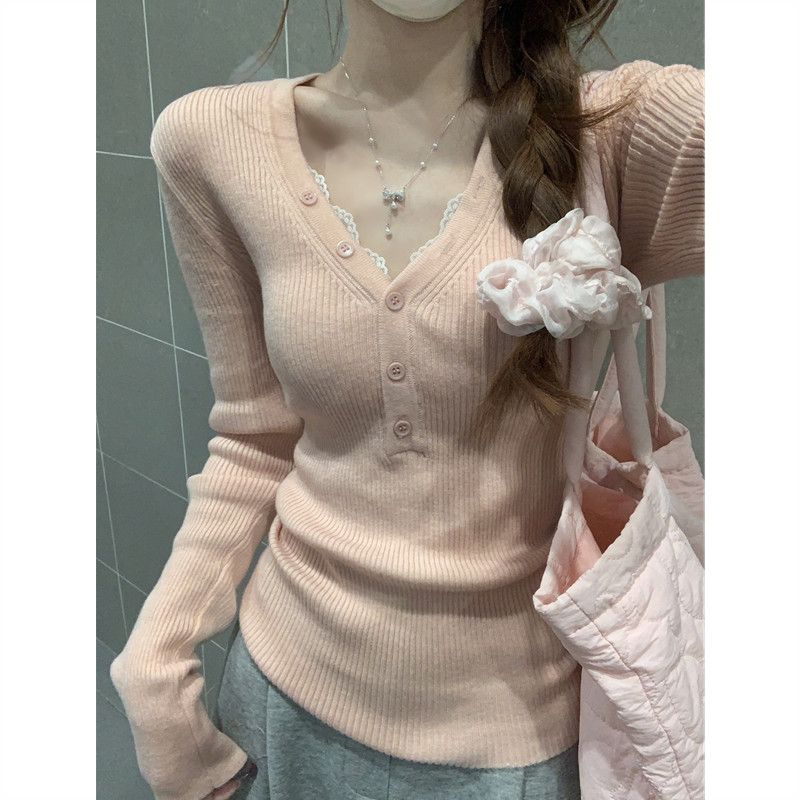 零柒零捌网红甜辣风深V针织上衣女秋冬纽扣半开领毛衣打底内搭