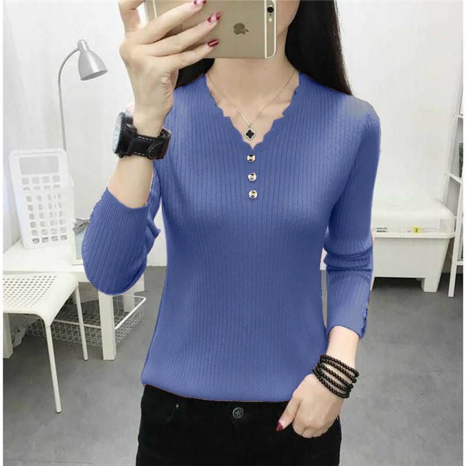 秋冬纽扣V领上衣女2020新款宽松韩版套头大码长袖针织打底衫毛衣