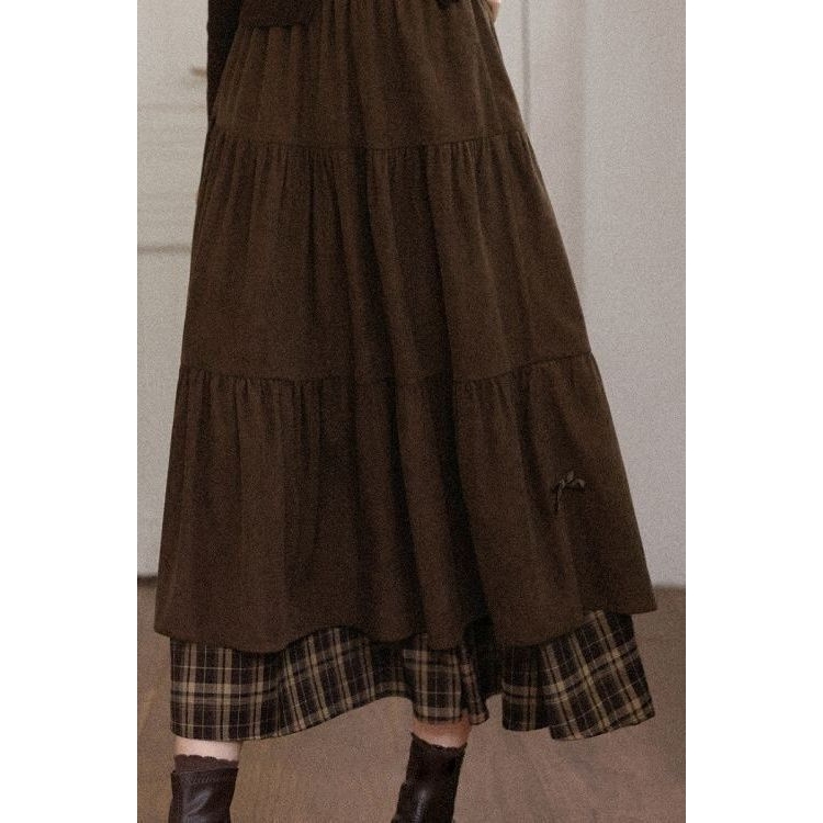 灯芯绒拼接格纹长款半裙2025秋冬加厚日系高腰显瘦蝴蝶结A字长裙
