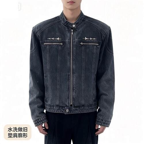 水洗做旧垫肩牛仔外套男春秋款痞帅高级感美式复古夹克上衣服褂子