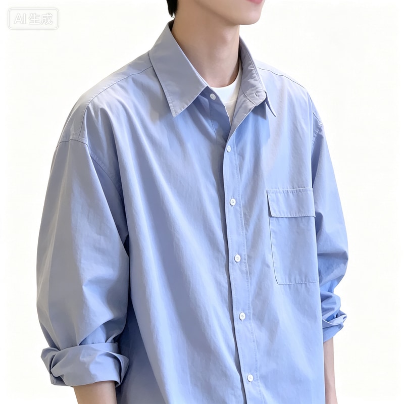 日系少年感蓝色衬衫阳光干净男生穿搭休闲潮牌长袖衬衣外套dk制服图片