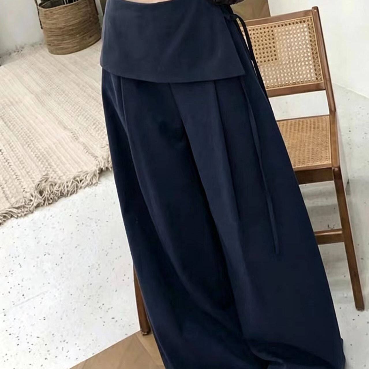 韩版开叉假两件一体屁帘阔腿直筒裤女2026新款高腰显瘦休闲女裤