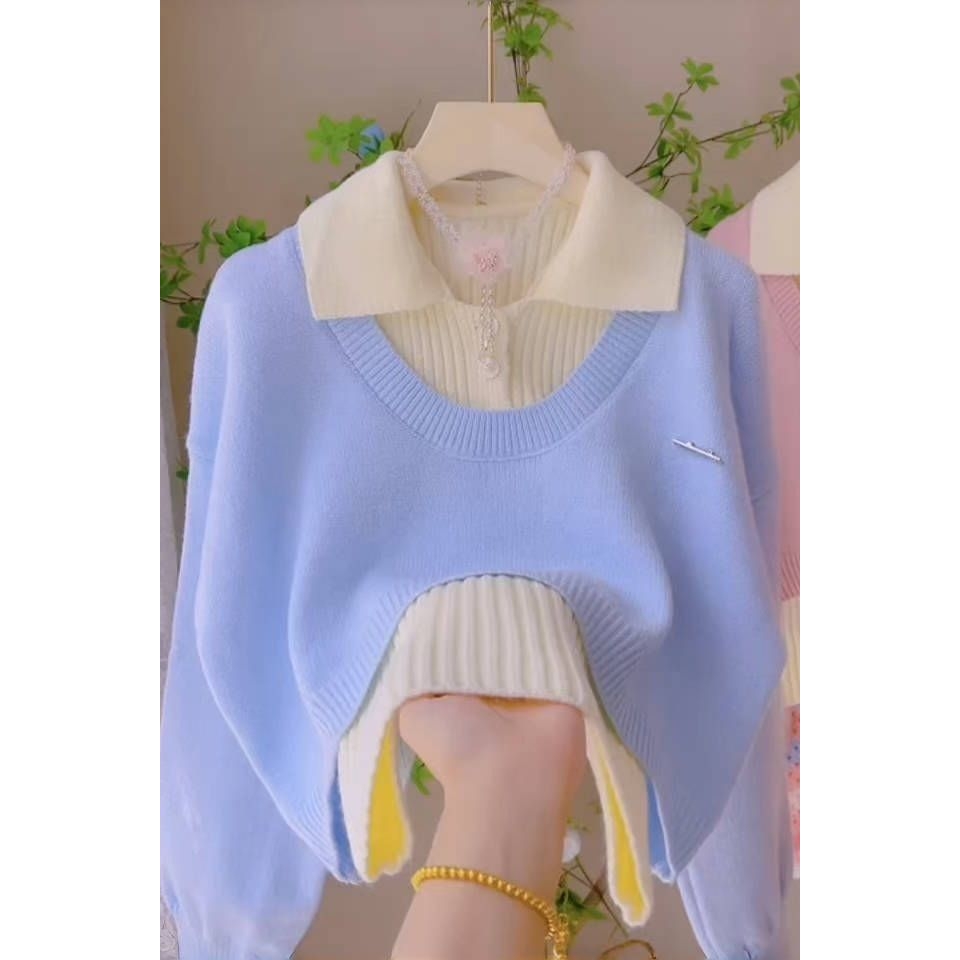 十三行早秋新款套装韩系穿搭两件套上衣女针织衫polo领毛衣慵懒风