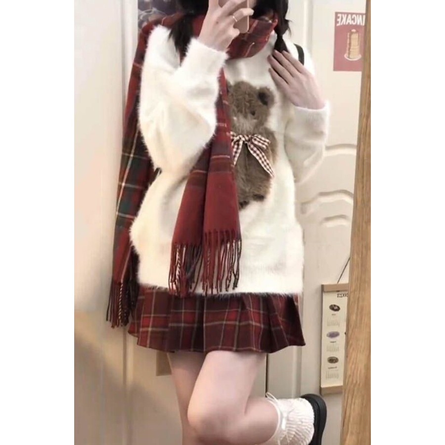 甜美可爱小熊蝴蝶结毛衣学生秋冬季宽松百搭慵懒风圆领套头针织衫