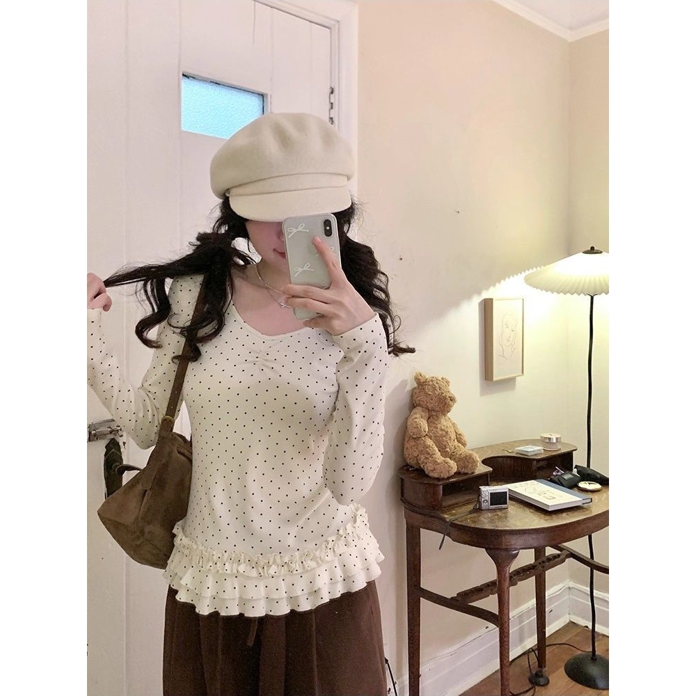 韩系波点木耳花边V领长袖T恤女秋季新款修身洋气甜美内搭外穿上衣
