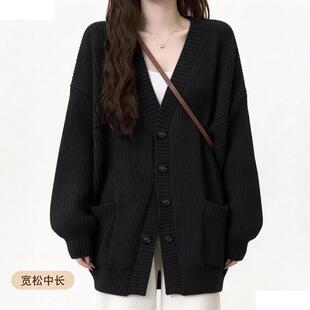 日系甜美慵懒减龄V领叠穿毛衣开衫女学生秋冬季宽松中长款针织衫