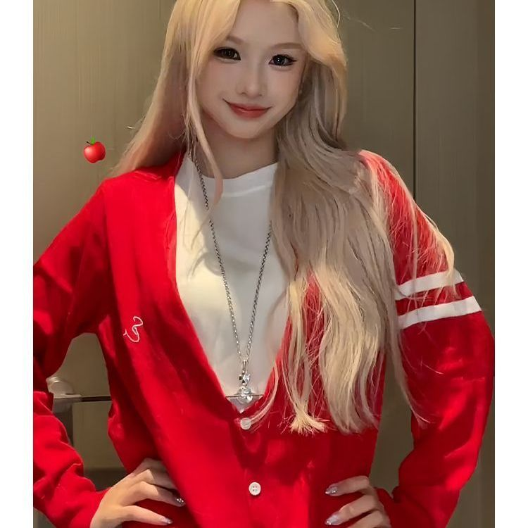 学院风假两件韩系针织开衫女秋季外套大圆领红色毛衣宽松慵懒上衣