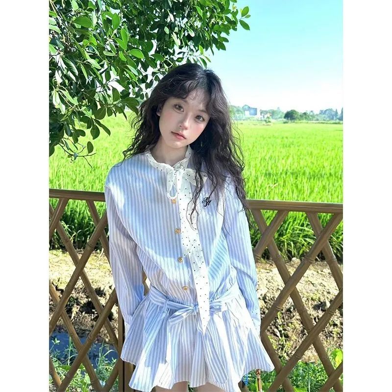 美式复古系带拼接撞色条纹连衣裙女早秋学院风收腰显瘦休闲衬衫裙