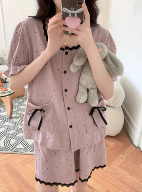 粉色圆点花边夏季2026年新款睡衣女网红风韩版简约家居服跨境