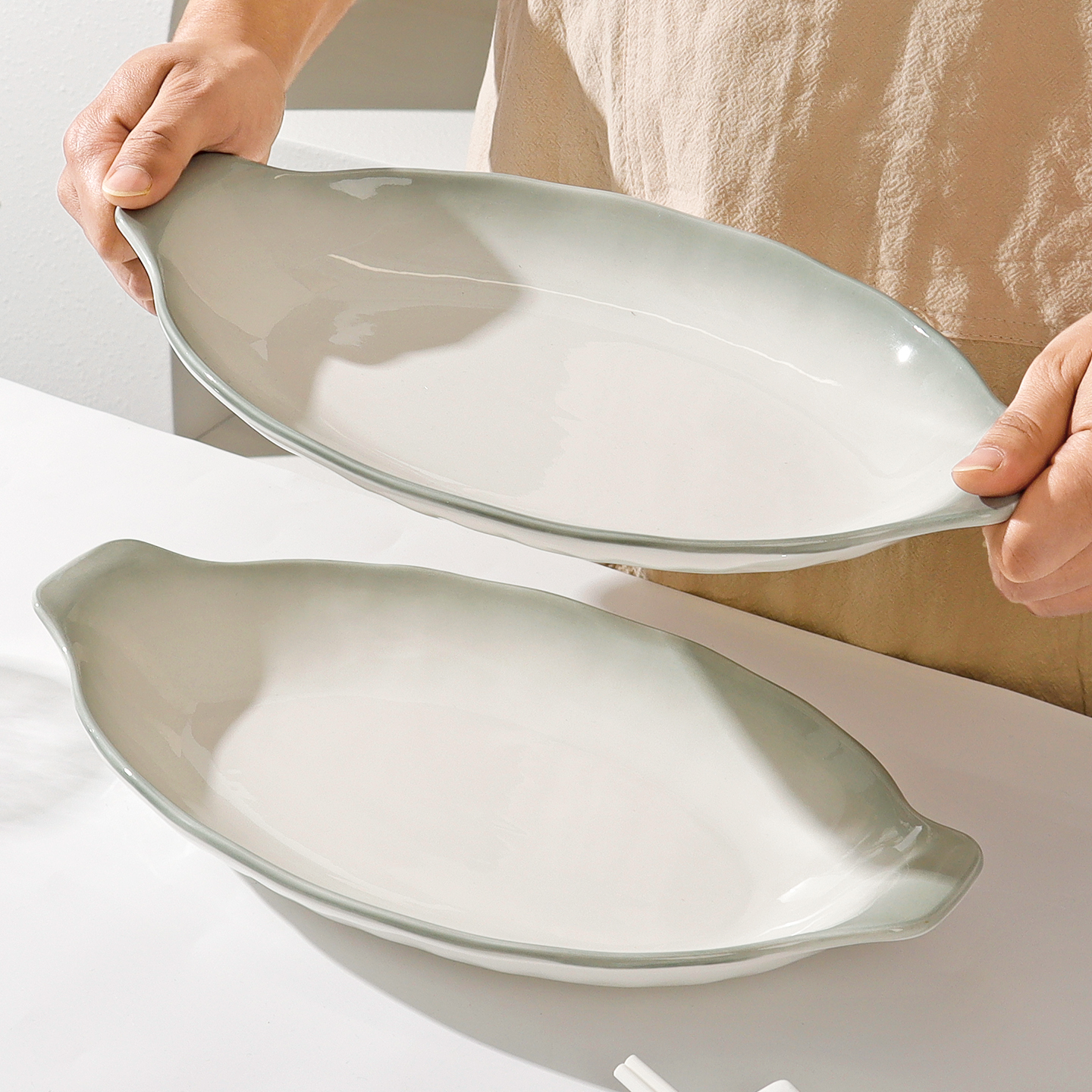 怀瑾双耳陶瓷鱼盘家用蒸鱼盘子2025新款高级感鱼盆鱼碗大号装鱼碟