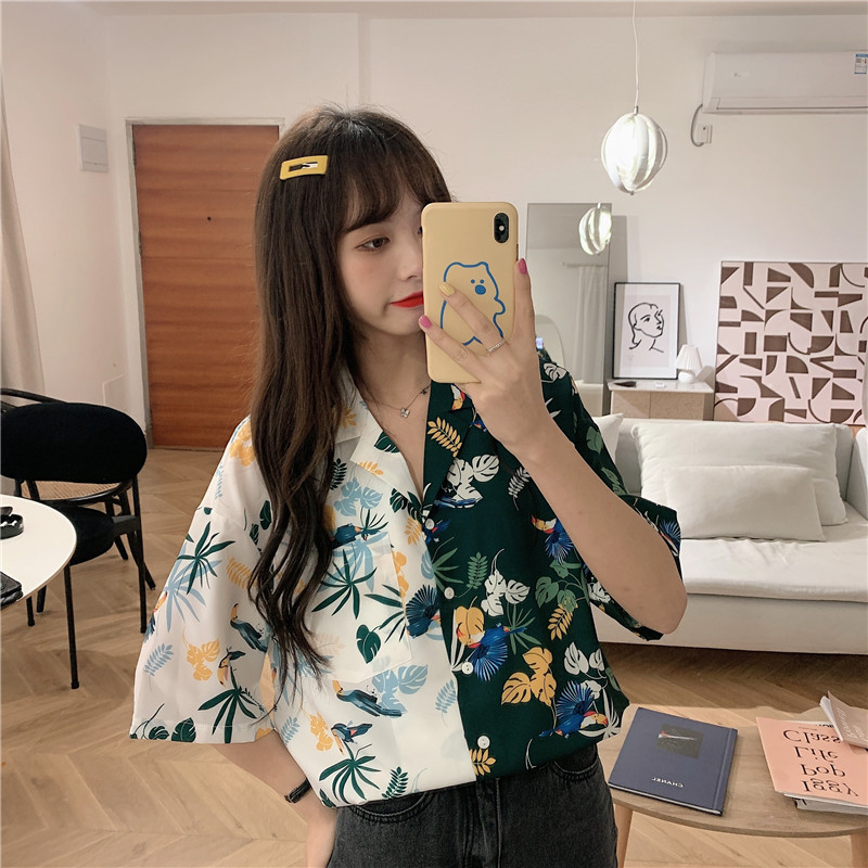 實拍實價2021襯衫女設計感小眾夏裝復古港味印花寬鬆短袖上衣