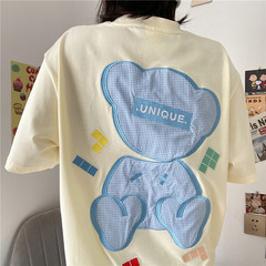 實拍實價2021刺繡格子寬鬆短袖T恤女