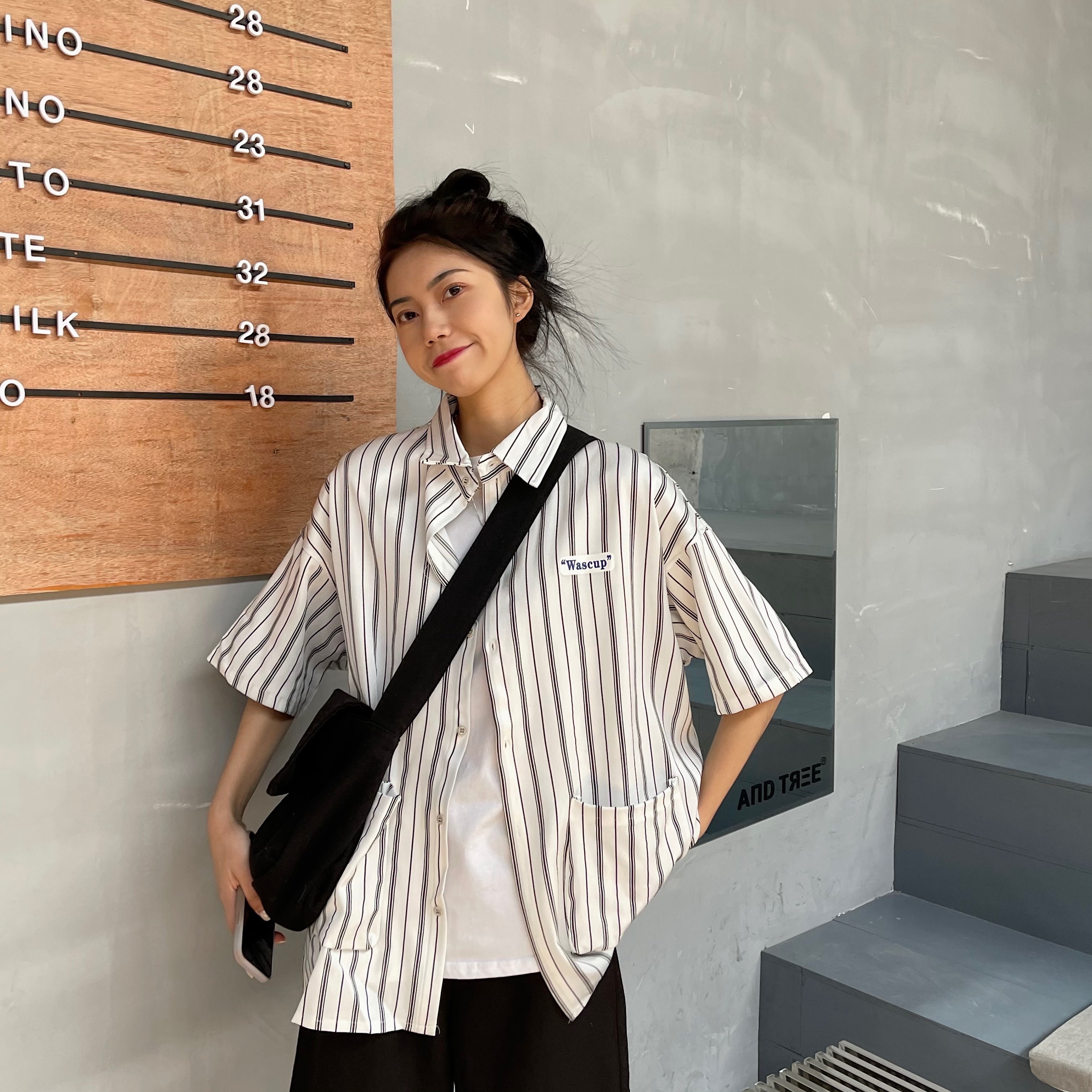 Real photo Shirt Short Sleeve summer thin Hong Kong Style Japanese casual loose Korean fashion cool stripe