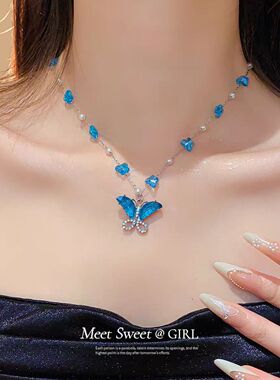 蓝色蝴蝶项链蓝色蝴蝶珍珠项链清冷感爆闪锁骨链女气质优雅高级感