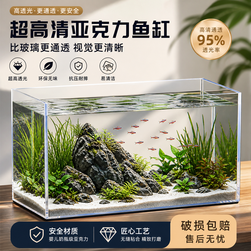 亚克力鱼缸正方形长方形超白水族箱办公室客厅桌面裸缸造景鱼缸