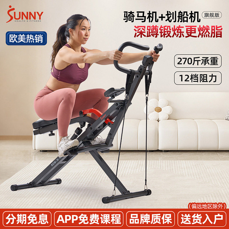 美国SUNNY多功能家用划船深蹲骑马机阻力调节全身燃脂运动