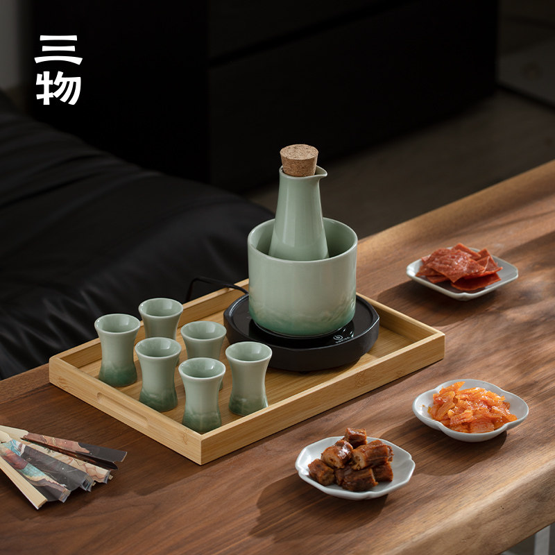 三物山海温酒器套装手工制作 小清新风格家用电加热陶瓷酒具盅