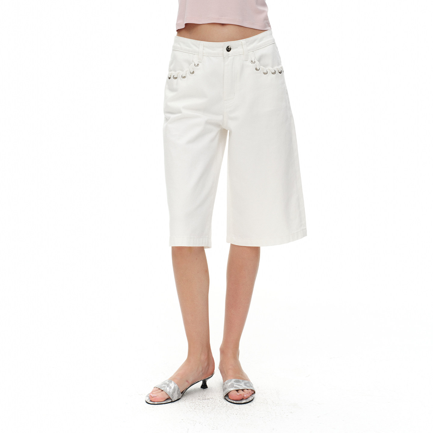 ReAimNess*口袋绑带设计白色中裤百搭宽松直筒白色牛仔裤七分裤女