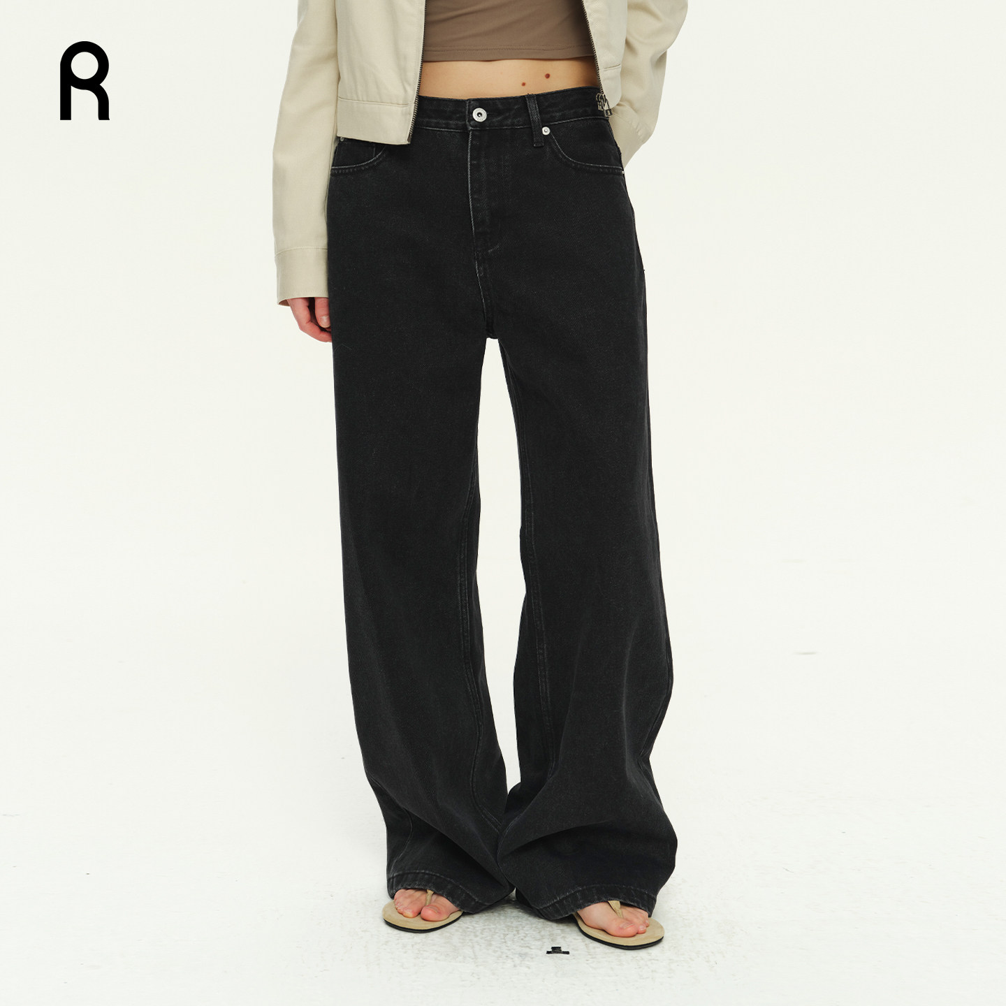 ReAimNess* 055H 做旧人工擦洗复古质感中高腰直筒女牛仔裤长裤