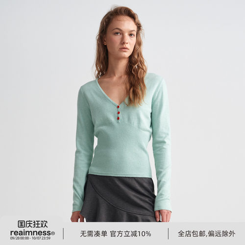 ReAimNess* 双色亨利V领针织衫修身显瘦内搭打底毛衣