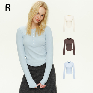 竹节螺纹面料弹力贴身长袖 ReAimNess 亨利领长袖