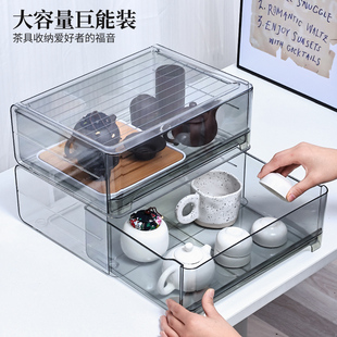 茶具茶杯收纳盒防尘抽屉公道杯盖碗杯子置物架功夫茶壶带盖整理箱